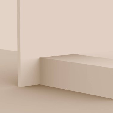 3D kahverengi kremalı sahne sahne stüdyo arkaplanı çok az. Soyut 3d geometrik şekil çizimi. Kozmetik moda ürünleri için görüntü. Doğal renk tonları.