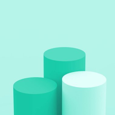 3D yeşil turkuaz pastel silindir podyum minimal stüdyo arka planı. Soyut 3d geometrik şekil çizimi. Kozmetik parfüm ürünleri için görünüm.
