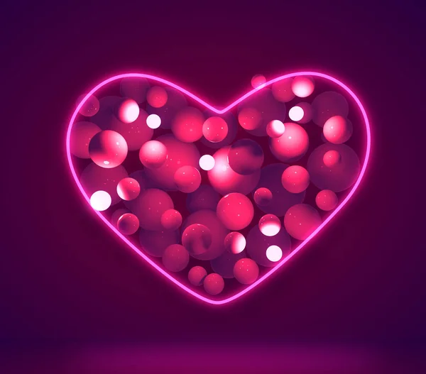 3d pink light glow lamps ball in heart shape on purple color background. Abstract 3d isolated rendering concept valentines day.
