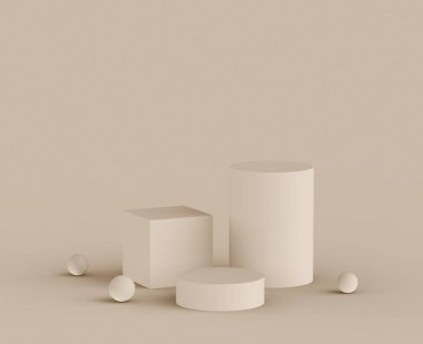3D kahverengi kremalı sahne podyumu stüdyo arka planında modern tasarım. Soyut 3d geometrik şekil çizimi. Kozmetik moda ürünleri için görüntü. Doğal renk tonları.