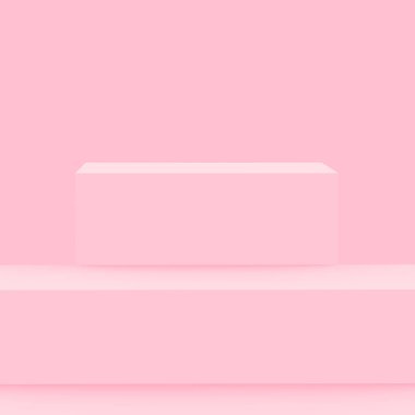 3D pembe küp ve podyum stüdyo arka planı çok az. Soyut 3d geometrik şekil çizimi. Kozmetik moda ve sevgililer günü ürünü. 