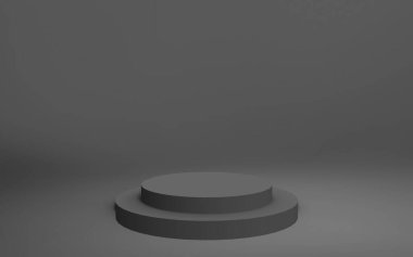 3d gri siyah silindir podyum minimum stüdyo arkaplanı. Soyut 3d geometrik şekil çizimi. İş ürünü sunumu için.