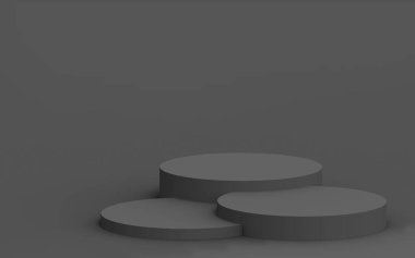 3d gri siyah silindir podyum minimum stüdyo arkaplanı. Soyut 3d geometrik şekil çizimi. İş ürünü sunumu için.