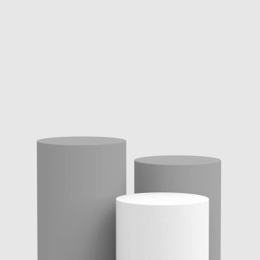 3d gri beyaz silindir podyum minimum stüdyo arkaplanı. Soyut 3d geometrik şekil çizimi. Kozmetik parfüm ürünleri için görünüm.