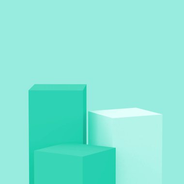 3D yeşil turkuaz pastel küp kare podyum stüdyo arka planı. Soyut 3d geometrik şekil çizimi. Kozmetik parfüm ve yaz ürünleri için görüntü.
