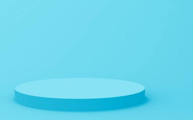 3D mavi silindir podyum minimum stüdyo arkaplanı. Soyut 3d geometrik şekil çizimi. İlaç ürünü için görünüm