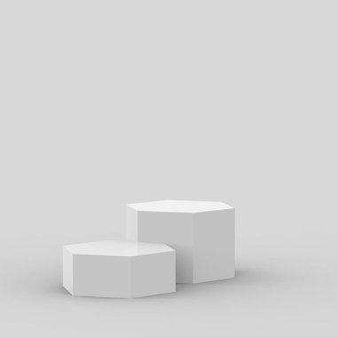 3d beyaz gri altıgen podyum minimum stüdyo arka planı. Soyut 3d geometrik şekil çizimi. Kozmetik ve güzellik ürünleri için görünüm.