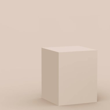 3D kahverengi kremalı küp ve küçük podyum sahne stüdyo arka planı. Soyut 3d geometrik şekil çizimi. Doğal renk tonları.