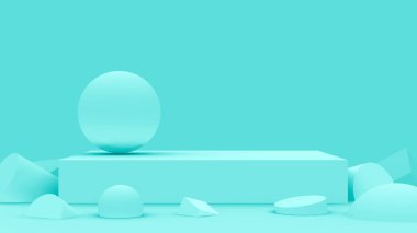 3D mavi, parlak sahne, minimum stüdyo arkaplan. Soyut 3d geometrik şekil çizimi. Moda tatili ve yaz ürünleri için görüntü.