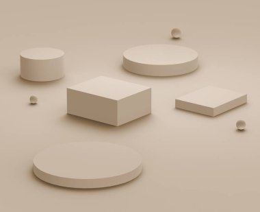 3D kahverengi kremalı sahne podyumu stüdyo arka planında modern tasarım. Soyut 3d geometrik şekil çizimi. Kozmetik moda ürünleri için görüntü. Doğal renk tonları.