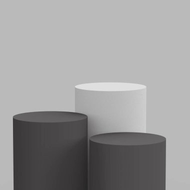 3d gri ve beyaz renkli siyah silindir podyum stüdyo arka planı minimal. Soyut 3d geometrik şekil çizimi. Ürün işi için çevrimiçi görünüm.