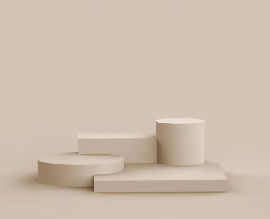 3D kahverengi kremalı sahne podyumu stüdyo arka planında modern tasarım. Soyut 3d geometrik şekil çizimi. Kozmetik moda ürünleri için görüntü. Doğal renk tonları.