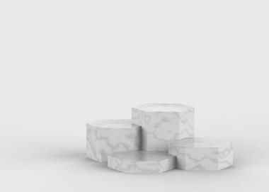 3d beyaz gri altıgen mermer ve altın podyum minimum stüdyo arka planı. Soyut 3d geometrik şekilli lüks nesne çizimi. Kozmetik ve güzellik ürünleri için görünüm.