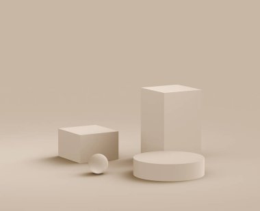 3D kahverengi kremalı sahne podyumu stüdyo arka planında modern tasarım. Soyut 3d geometrik şekil çizimi. Kozmetik moda ürünleri için görüntü. Doğal renk tonları.