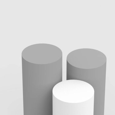 3d gri beyaz silindir podyum minimum stüdyo arkaplanı. Soyut 3d geometrik şekil çizimi. Kozmetik parfüm ürünleri için görünüm.