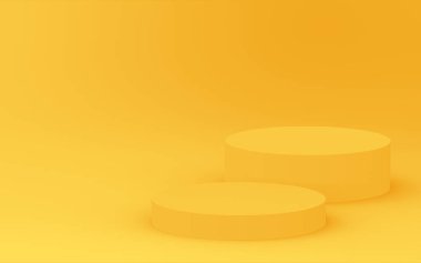 3D sarı silindir podyum minimum stüdyo arkaplanı. Soyut 3d geometrik şekil çizimi. Yaz tatili ürünleri için görüntü.