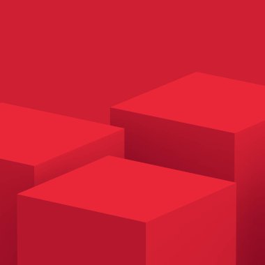 3D kırmızı küp ve küçük podyum sahne stüdyosu arka planı. Soyut 3d geometrik şekil çizimi. Çin Yeni Yıl Tatili ve Mutlu Noeller ürünleri için ekran.