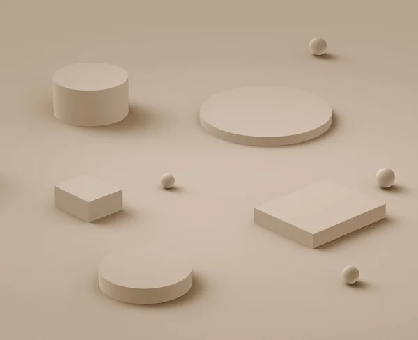 3D kahverengi kremalı sahne podyumu stüdyo arka planında modern tasarım. Soyut 3d geometrik şekil çizimi. Kozmetik moda ürünleri için görüntü. Doğal renk tonları.