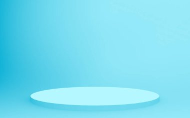 3D mavi silindir podyum minimum stüdyo arkaplanı. Soyut 3d geometrik şekil çizimi. İlaç ürünü için görünüm