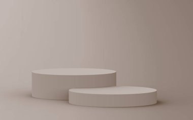 3D kahverengi krem silindir podyum stüdyo arka planı. Soyut 3d geometrik şekil çizimi. Kozmetik parfüm ürünleri için görünüm.