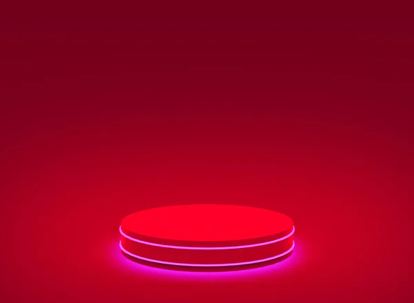 Kırmızı Neon Işıklı Silindir Podyum Minimum Stüdyo Kırmızı Koyu Arka — Stok fotoğraf