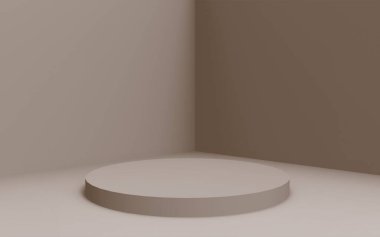 3D kahverengi krem silindir podyum stüdyo arka planı. Soyut 3d geometrik şekil çizimi. Kozmetik parfüm ürünleri için görünüm.