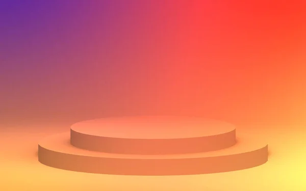 3D sarı turuncu ve mor neon ışıklı podyum stüdyo gradyan renk arkaplanı. Soyut 3d geometrik şekil çizimi. Yaz tatili ürünleri için görüntü.