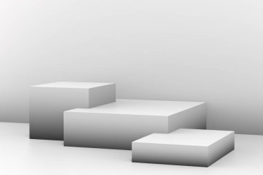 3d gri beyaz eğimli sahne podyumu stüdyo arka planı minimum. Soyut 3d geometrik şekil çizimi. Çevrimiçi iş ürünü için göster.