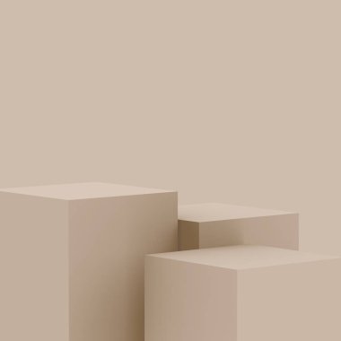 3D kahverengi kremalı sahne sahne stüdyo arkaplanı çok az. Soyut 3d geometrik şekil çizimi. Kozmetik moda ürünleri için görüntü. Doğal renk tonları.