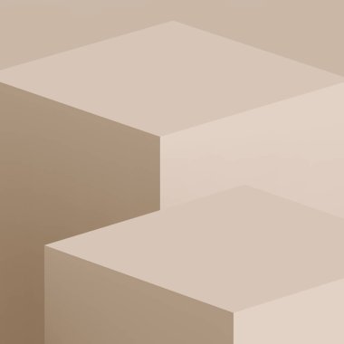 3D kahverengi kremalı küp ve küçük podyum sahne stüdyo arka planı. Soyut 3d geometrik şekil çizimi. Doğal renk tonları.