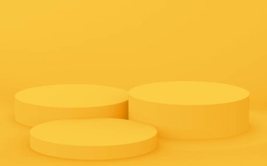 3D sarı silindir podyum minimum stüdyo arkaplanı. Soyut 3d geometrik şekil çizimi. Yaz tatili ürünleri için görüntü.
