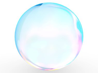 Beyaz arka planda izole edilmiş 3D mavi top kristal eğimli renkler. Soyut kabarcık parlak pastel 3d geometrik şekil çizimi. 