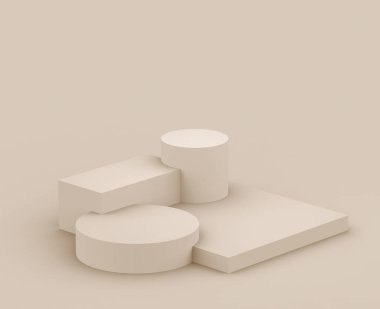 3D kahverengi kremalı sahne podyumu stüdyo arka planında modern tasarım. Soyut 3d geometrik şekil çizimi. Kozmetik moda ürünleri için görüntü. Doğal renk tonları.