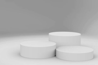 3d gri beyaz silindir podyum minimum stüdyo arkaplanı. Soyut 3d geometrik şekil çizimi çizimi.