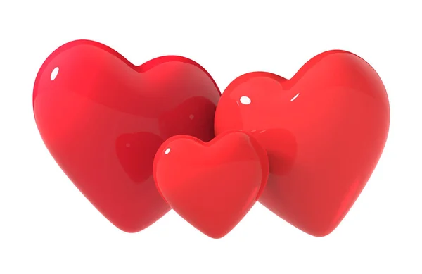 Three Red Heart Glossy Shape Isolated White Background Clipping Path — Stock Photo, Image