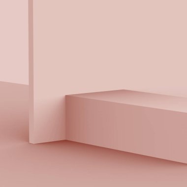 3D tozlu pembe sahne sahne stüdyo arkaplanı minimal. Soyut 3d geometrik şekil çizimi. Kozmetik moda ürünleri için görüntü. Doğal monokrom renk tonları.