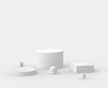 3d beyaz gri podyum stüdyo arka planı. Soyut 3d geometrik şekil çizimi. Kozmetik ve güzellik ürünleri için görünüm.