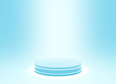 3D mavi ışıklı silindir podyum minimum stüdyo mavi parlak arka plan. Soyut 3d geometrik şekil çizimi. Teknoloji ürünü için görüntüleme.