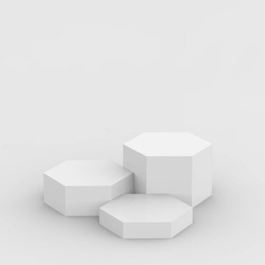 3d beyaz gri altıgen podyum minimum stüdyo arka planı. Soyut 3d geometrik şekil çizimi. Kozmetik ve güzellik ürünleri için görünüm.