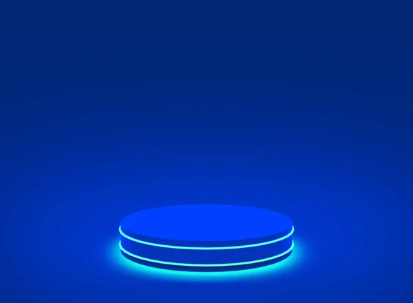 Niebieski Neon Lekki Cylinder Podium Minimalne Studio Niebieski Ciemne Tło — Zdjęcie stockowe