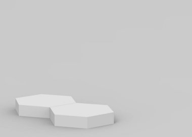 3d beyaz gri altıgen podyum minimum stüdyo arka planı. Soyut 3d geometrik şekil çizimi. Kozmetik ve güzellik ürünleri için görünüm.