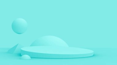 3D mavi, parlak sahne, minimum stüdyo arkaplan. Soyut 3d geometrik şekil çizimi. Moda tatili ve yaz ürünleri için görüntü.