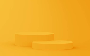 3D sarı silindir podyum minimum stüdyo arkaplanı. Soyut 3d geometrik şekil çizimi. Yaz tatili ürünleri için görüntü.