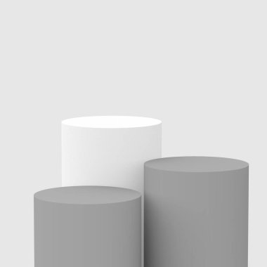 3d gri beyaz silindir podyum minimum stüdyo arkaplanı. Soyut 3d geometrik şekil çizimi. Kozmetik parfüm ürünleri için görünüm.