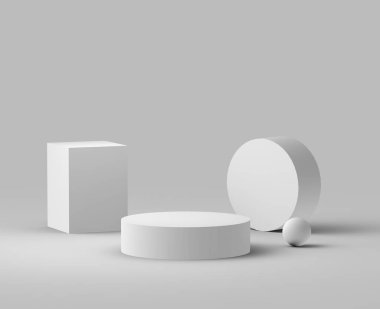 3d beyaz gri podyum stüdyo arka planı. Soyut 3d geometrik şekil çizimi. Kozmetik ve güzellik ürünleri için görünüm.