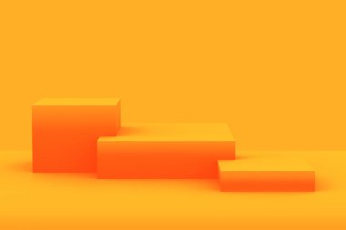 3D sarı turuncu küp gradyan renk podyumu, minimum stüdyo arka planında. Soyut 3d geometrik şekil çizimi. Yaz tatili ürünleri için görüntü.