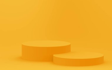 3D sarı silindir podyum minimum stüdyo arkaplanı. Soyut 3d geometrik şekil çizimi. Yaz tatili ürünleri için görüntü.