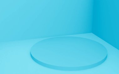 3D mavi silindir podyum minimum stüdyo arkaplanı. Soyut 3d geometrik şekil çizimi. İlaç ürünü için görünüm