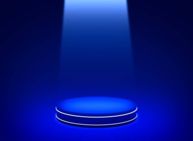 3D mavi spot ışığı neon silindir podyum minimal stüdyo koyu arka plan. Soyut 3d geometrik şekil çizimi. Teknolojik elektronik ürün için görüntüleme.