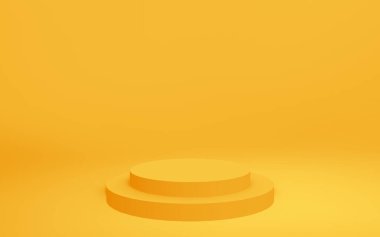 3D sarı silindir podyum minimum stüdyo arkaplanı. Soyut 3d geometrik şekil çizimi. Yaz tatili ürünleri için görüntü.